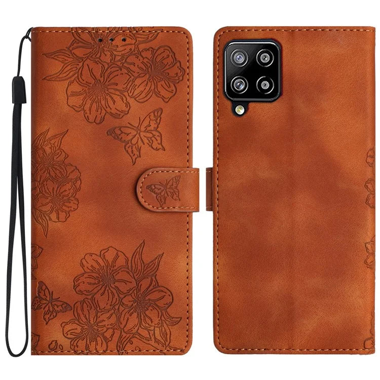 For Samsung Galaxy A22 4G (EU Version) Case Sakura Butterfly Imprint Leather Wallet Phone Cover