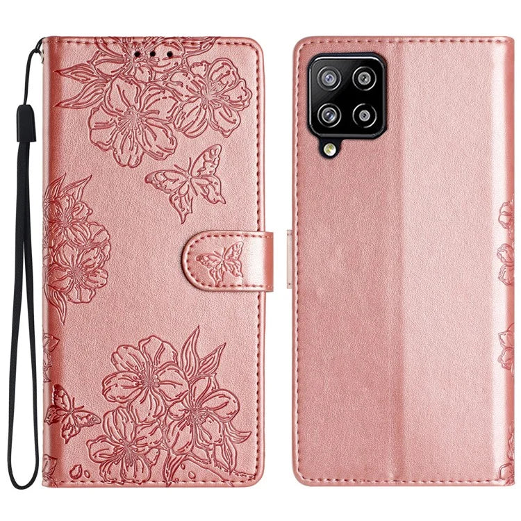 For Samsung Galaxy A22 4G (EU Version) Case Sakura Butterfly Imprint Leather Wallet Phone Cover
