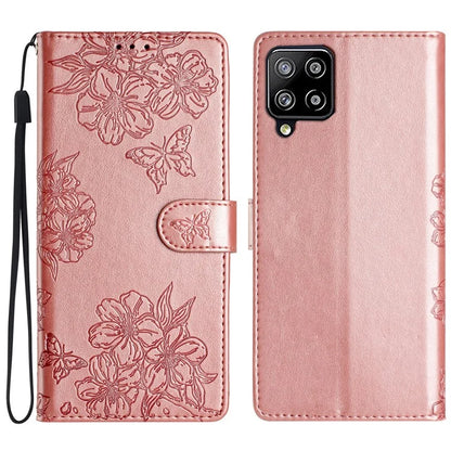 For Samsung Galaxy A22 4G (EU Version) Case Sakura Butterfly Imprint Leather Wallet Phone Cover