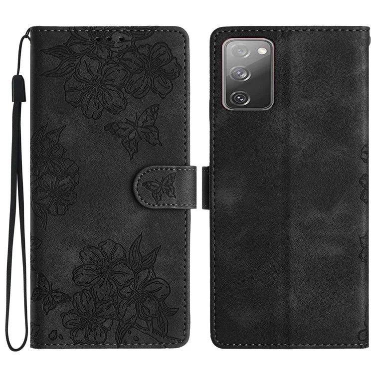 For Samsung Galaxy S20 FE / S20 FE 5G / S20 FE 2022 / S20 Lite Case Sakura Butterfly Imprint Leather Wallet Phone Cover