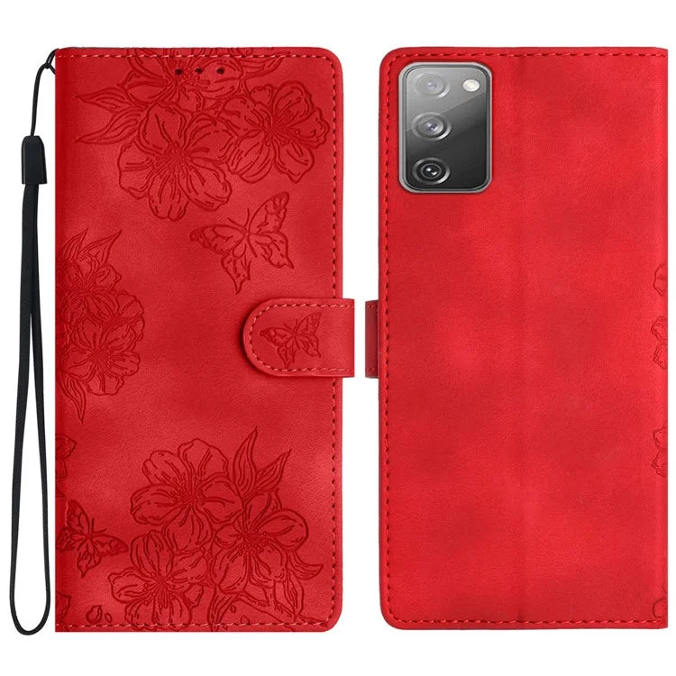 For Samsung Galaxy S20 FE / S20 FE 5G / S20 FE 2022 / S20 Lite Case Sakura Butterfly Imprint Leather Wallet Phone Cover
