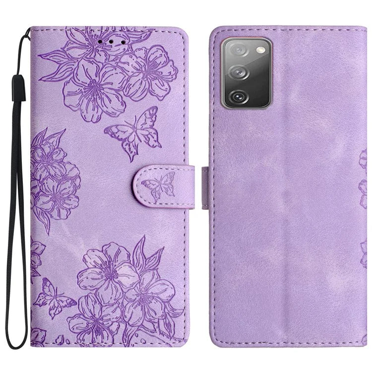 For Samsung Galaxy S20 FE / S20 FE 5G / S20 FE 2022 / S20 Lite Case Sakura Butterfly Imprint Leather Wallet Phone Cover
