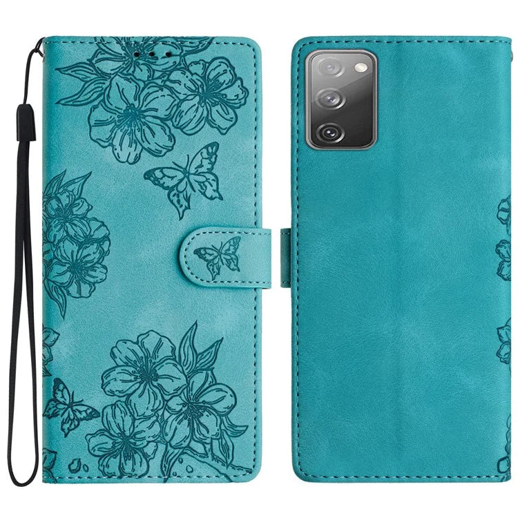 For Samsung Galaxy S20 FE / S20 FE 5G / S20 FE 2022 / S20 Lite Case Sakura Butterfly Imprint Leather Wallet Phone Cover
