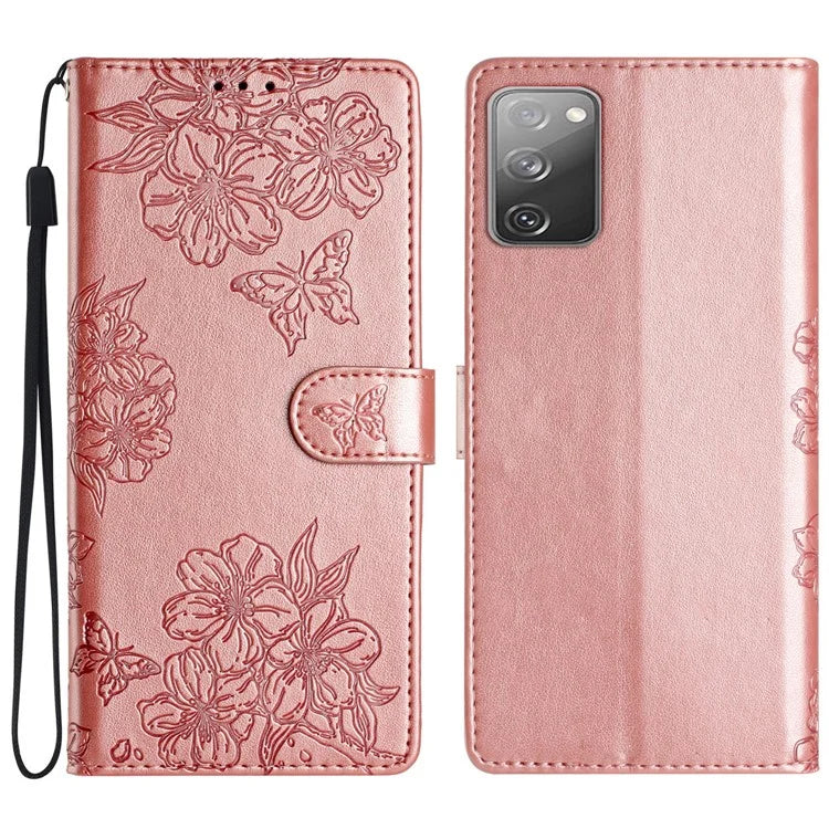 For Samsung Galaxy S20 FE / S20 FE 5G / S20 FE 2022 / S20 Lite Case Sakura Butterfly Imprint Leather Wallet Phone Cover