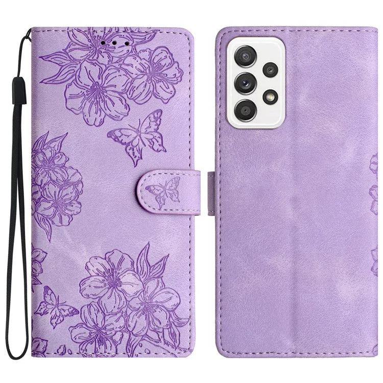 For Samsung Galaxy A53 5G Phone Case Sakura Butterfly Pattern Skin-Touch PU Leather Cover