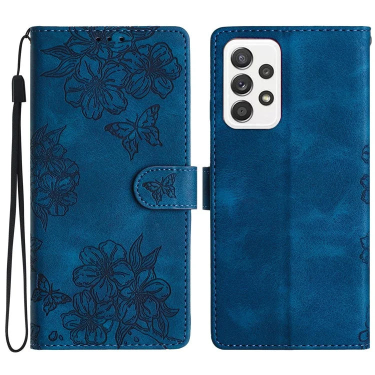 For Samsung Galaxy A53 5G Phone Case Sakura Butterfly Pattern Skin-Touch PU Leather Cover