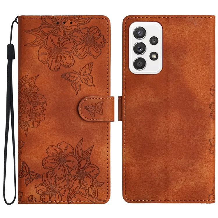 For Samsung Galaxy A53 5G Phone Case Sakura Butterfly Pattern Skin-Touch PU Leather Cover