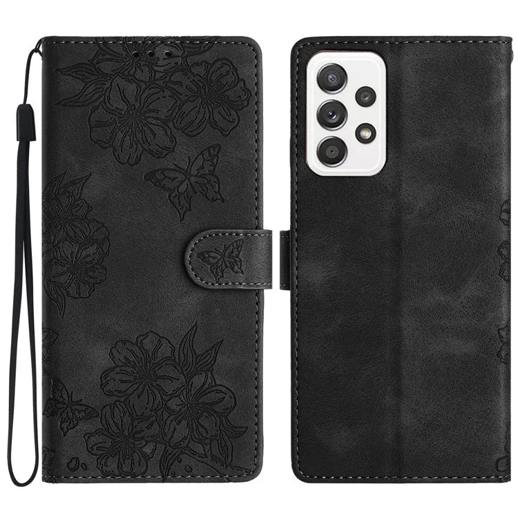 For Samsung Galaxy A72 4G / 5G Case Sakura Butterfly Imprint Skin-Touch Leather Wallet Phone Cover