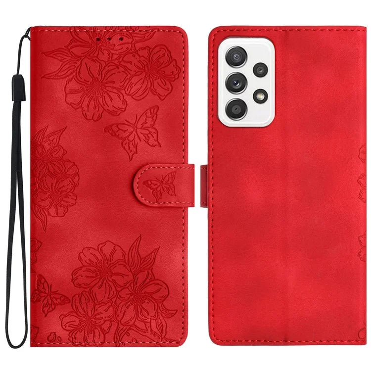 For Samsung Galaxy A72 4G / 5G Case Sakura Butterfly Imprint Skin-Touch Leather Wallet Phone Cover