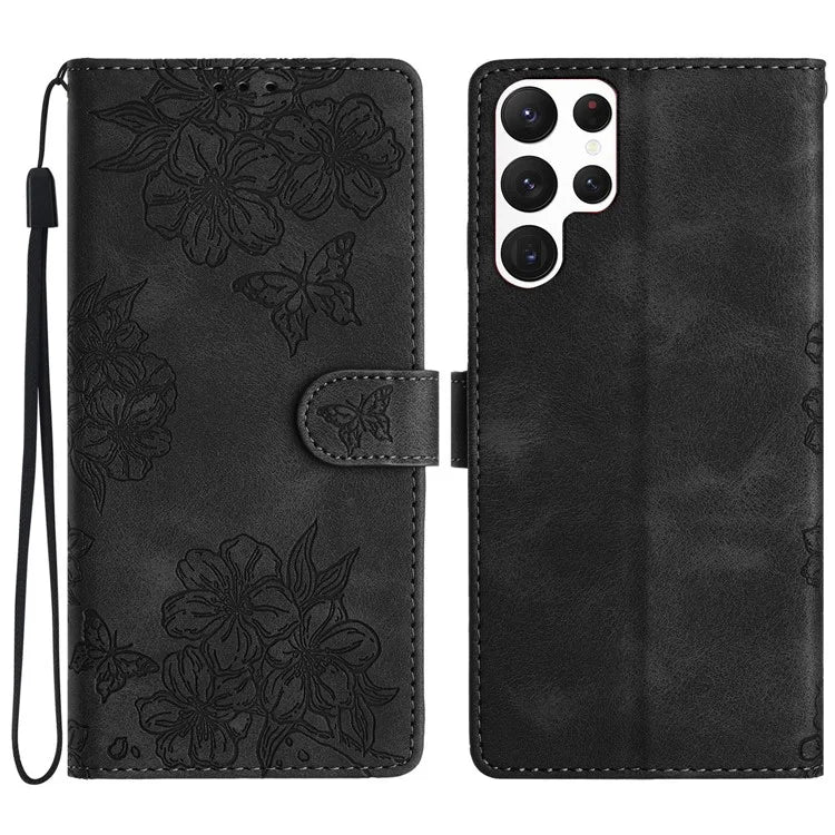 For Samsung Galaxy S23 Ultra Case Sakura Butterfly Imprint Drop Protection Leather Phone Cover