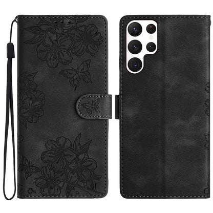 For Samsung Galaxy S23 Ultra Case Sakura Butterfly Imprint Drop Protection Leather Phone Cover