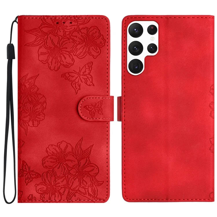 For Samsung Galaxy S23 Ultra Case Sakura Butterfly Imprint Drop Protection Leather Phone Cover