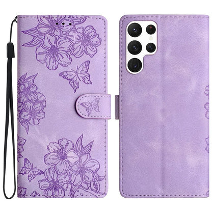 For Samsung Galaxy S23 Ultra Case Sakura Butterfly Imprint Drop Protection Leather Phone Cover