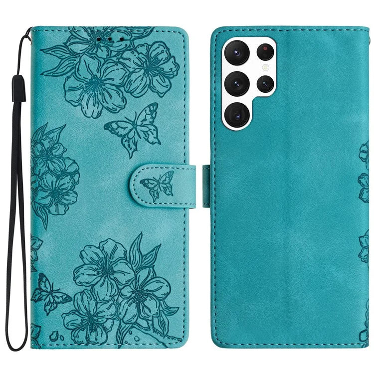 For Samsung Galaxy S23 Ultra Case Sakura Butterfly Imprint Drop Protection Leather Phone Cover