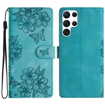 For Samsung Galaxy S23 Ultra Case Sakura Butterfly Imprint Drop Protection Leather Phone Cover