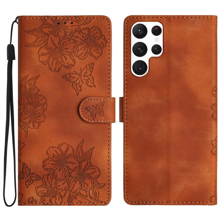 For Samsung Galaxy S23 Ultra Case Sakura Butterfly Imprint Drop Protection Leather Phone Cover