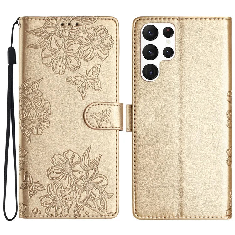 For Samsung Galaxy S23 Ultra Case Sakura Butterfly Imprint Drop Protection Leather Phone Cover