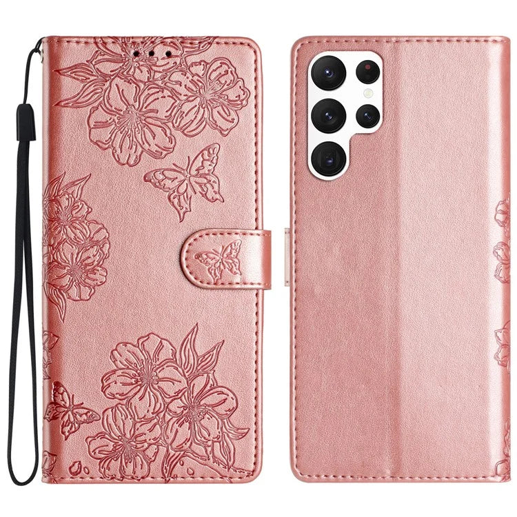 For Samsung Galaxy S23 Ultra Case Sakura Butterfly Imprint Drop Protection Leather Phone Cover