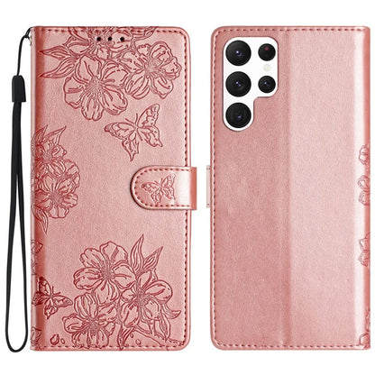 For Samsung Galaxy S23 Ultra Case Sakura Butterfly Imprint Drop Protection Leather Phone Cover
