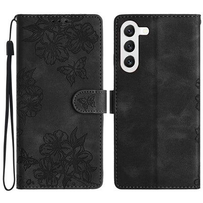 For Samsung Galaxy S23 Case Sakura Butterfly Pattern PU Leather Phone Cover with Hand Strap