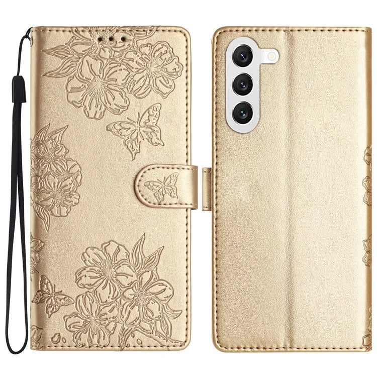 For Samsung Galaxy S23 Case Sakura Butterfly Pattern PU Leather Phone Cover with Hand Strap