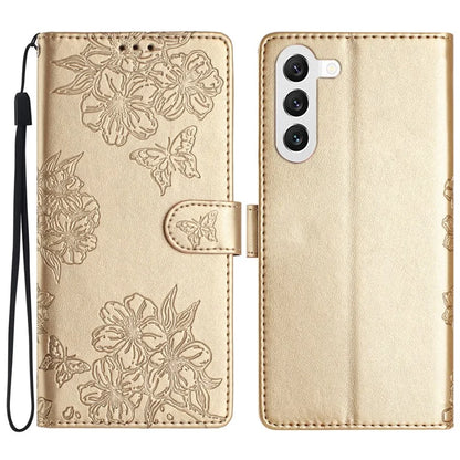For Samsung Galaxy S23 Case Sakura Butterfly Pattern PU Leather Phone Cover with Hand Strap