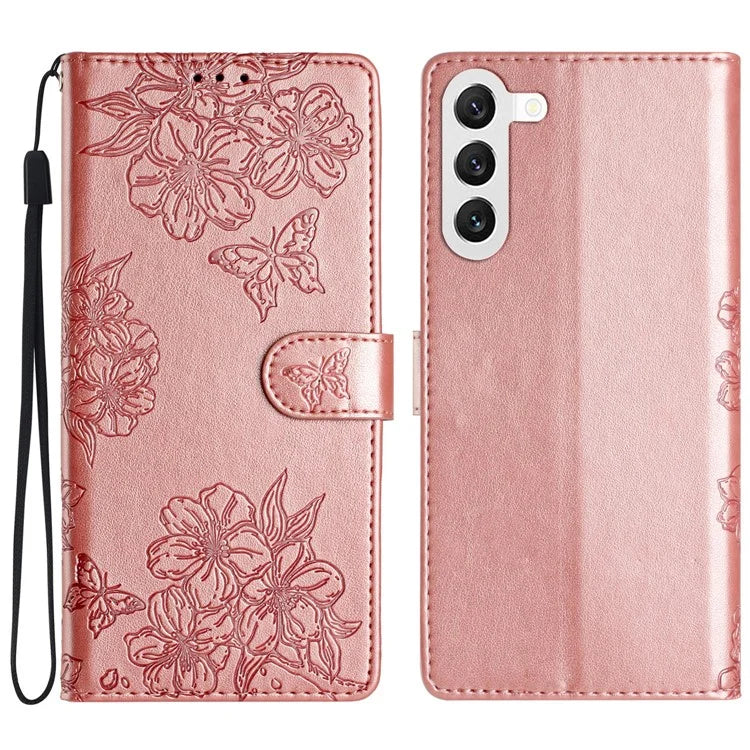 For Samsung Galaxy S23 Case Sakura Butterfly Pattern PU Leather Phone Cover with Hand Strap