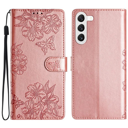 For Samsung Galaxy S23 Case Sakura Butterfly Pattern PU Leather Phone Cover with Hand Strap