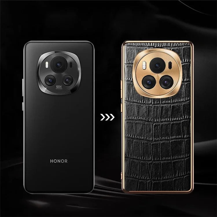 For Honor Magic6 5G Case Genuine Cow Leather+TPU Crocodile Texture Cell Phone Cover