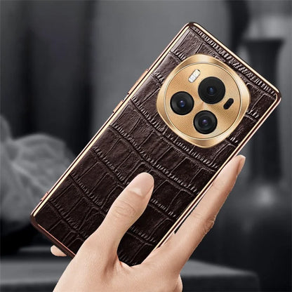 For Honor Magic6 5G Case Genuine Cow Leather+TPU Crocodile Texture Cell Phone Cover