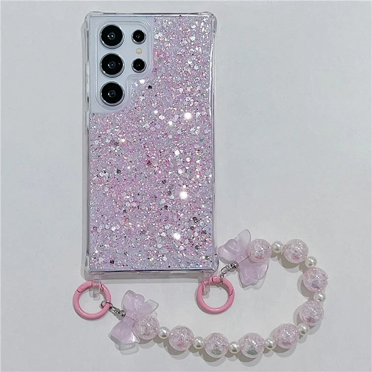 For Samsung Galaxy S24 Ultra Case Glittery Powder Acrylic + TPU Phone Cover with Beaded Hand Strap