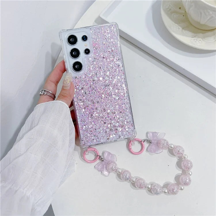 For Samsung Galaxy S24 Ultra Case Glittery Powder Acrylic + TPU Phone Cover with Beaded Hand Strap