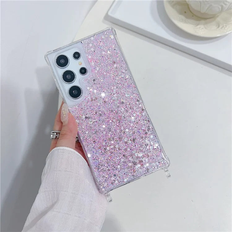 For Samsung Galaxy S24 Ultra Case Glittery Powder Acrylic + TPU Phone Cover with Beaded Hand Strap