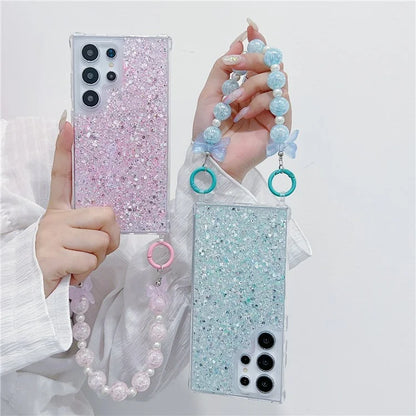 For Samsung Galaxy S24 Ultra Case Glittery Powder Acrylic + TPU Phone Cover with Beaded Hand Strap