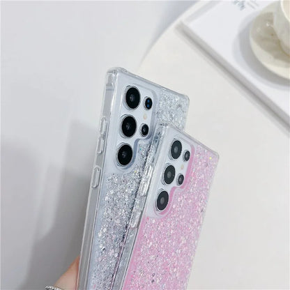 For Samsung Galaxy S24 Ultra Case Glittery Powder Acrylic + TPU Phone Cover with Beaded Hand Strap