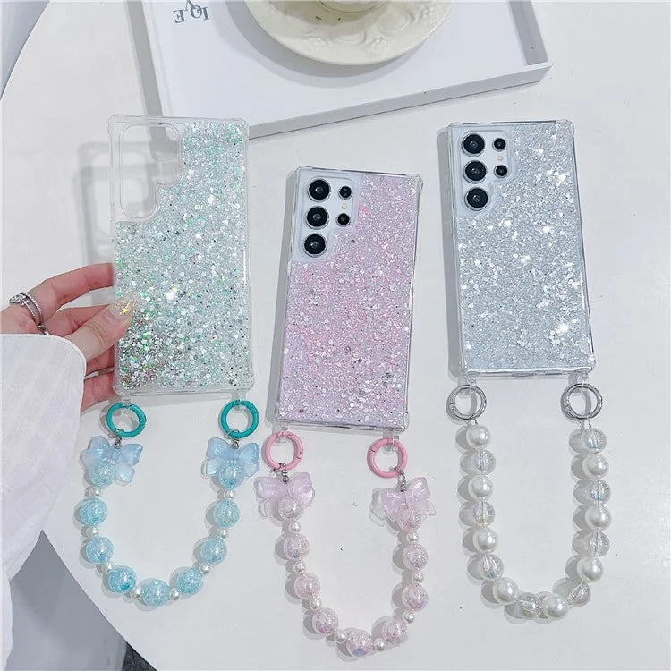 For Samsung Galaxy S24 Ultra Case Glittery Powder Acrylic + TPU Phone Cover with Beaded Hand Strap