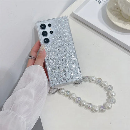 For Samsung Galaxy S24 Ultra Case Glittery Powder Acrylic + TPU Phone Cover with Beaded Hand Strap