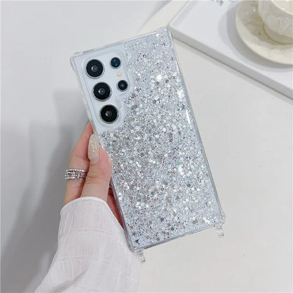 For Samsung Galaxy S24 Ultra Case Glittery Powder Acrylic + TPU Phone Cover with Beaded Hand Strap