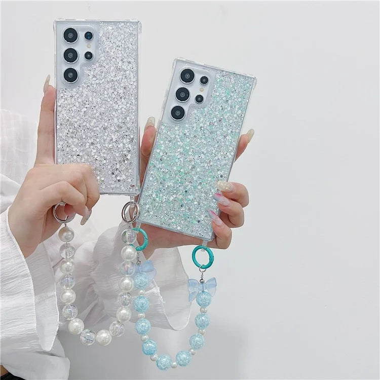 For Samsung Galaxy S24 Ultra Case Glittery Powder Acrylic + TPU Phone Cover with Beaded Hand Strap