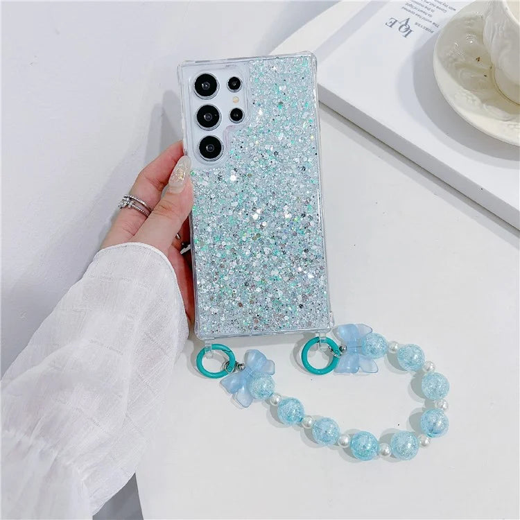 For Samsung Galaxy S24 Ultra Case Glittery Powder Acrylic + TPU Phone Cover with Beaded Hand Strap