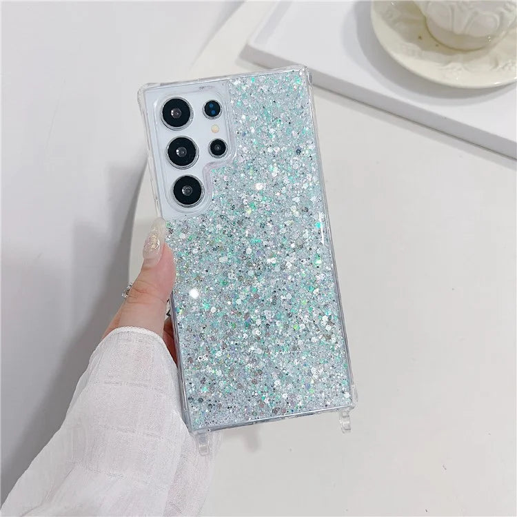 For Samsung Galaxy S24 Ultra Case Glittery Powder Acrylic + TPU Phone Cover with Beaded Hand Strap