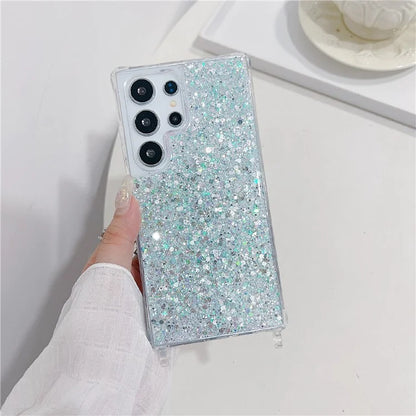For Samsung Galaxy S24 Ultra Case Glittery Powder Acrylic + TPU Phone Cover with Beaded Hand Strap