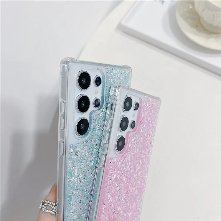 For Samsung Galaxy S24 Ultra Case Glittery Powder Acrylic + TPU Phone Cover with Beaded Hand Strap