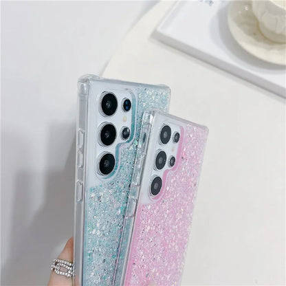 For Samsung Galaxy S24 Ultra Case Glittery Powder Acrylic + TPU Phone Cover with Beaded Hand Strap