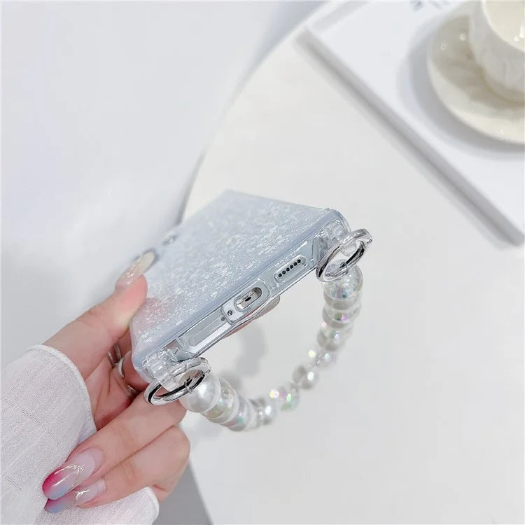For Samsung Galaxy S24 Ultra Case Glittery Powder Acrylic + TPU Phone Cover with Beaded Hand Strap