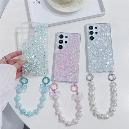 For Samsung Galaxy S24 Ultra Case Glittery Powder Acrylic + TPU Phone Cover with Beaded Hand Strap