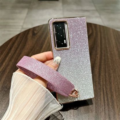 For Honor Magic V2 5G Case Glitter Bling Hard PC Phone Cover with Wrist Strap