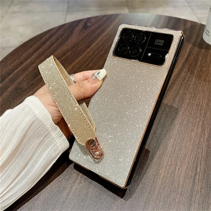 For Xiaomi Mix Fold 3 5G Case with Hand Strap Hard PC Glitter Folding Phone Cover