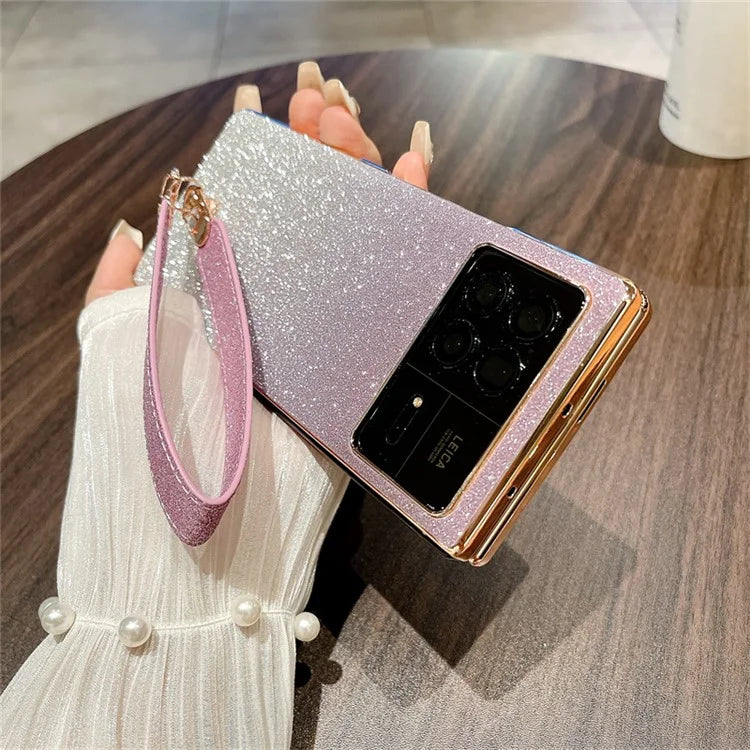 For Xiaomi Mix Fold 3 5G Case with Hand Strap Hard PC Glitter Folding Phone Cover