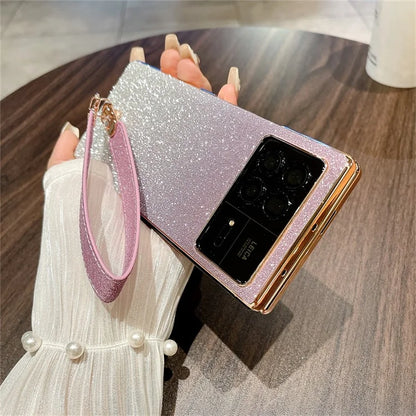 For Xiaomi Mix Fold 3 5G Case with Hand Strap Hard PC Glitter Folding Phone Cover